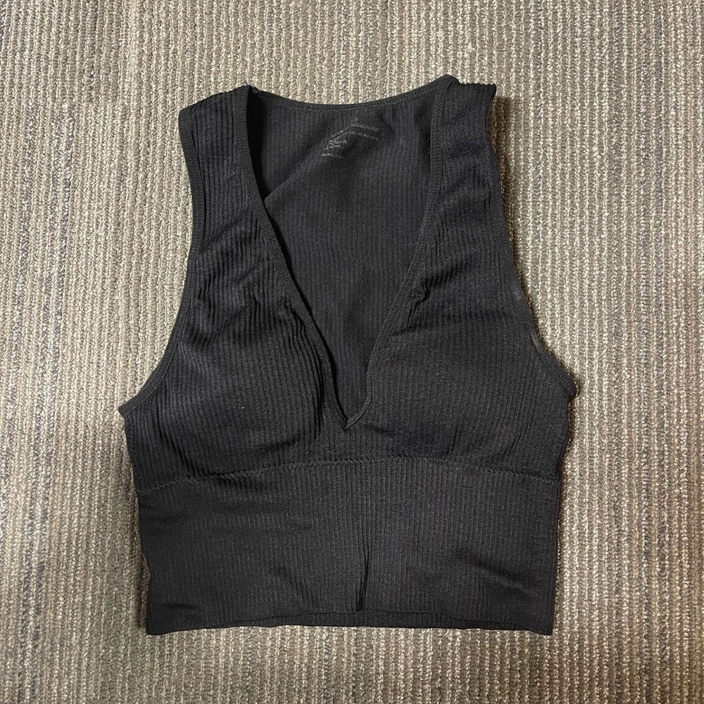 Black V neck ribbed tank top